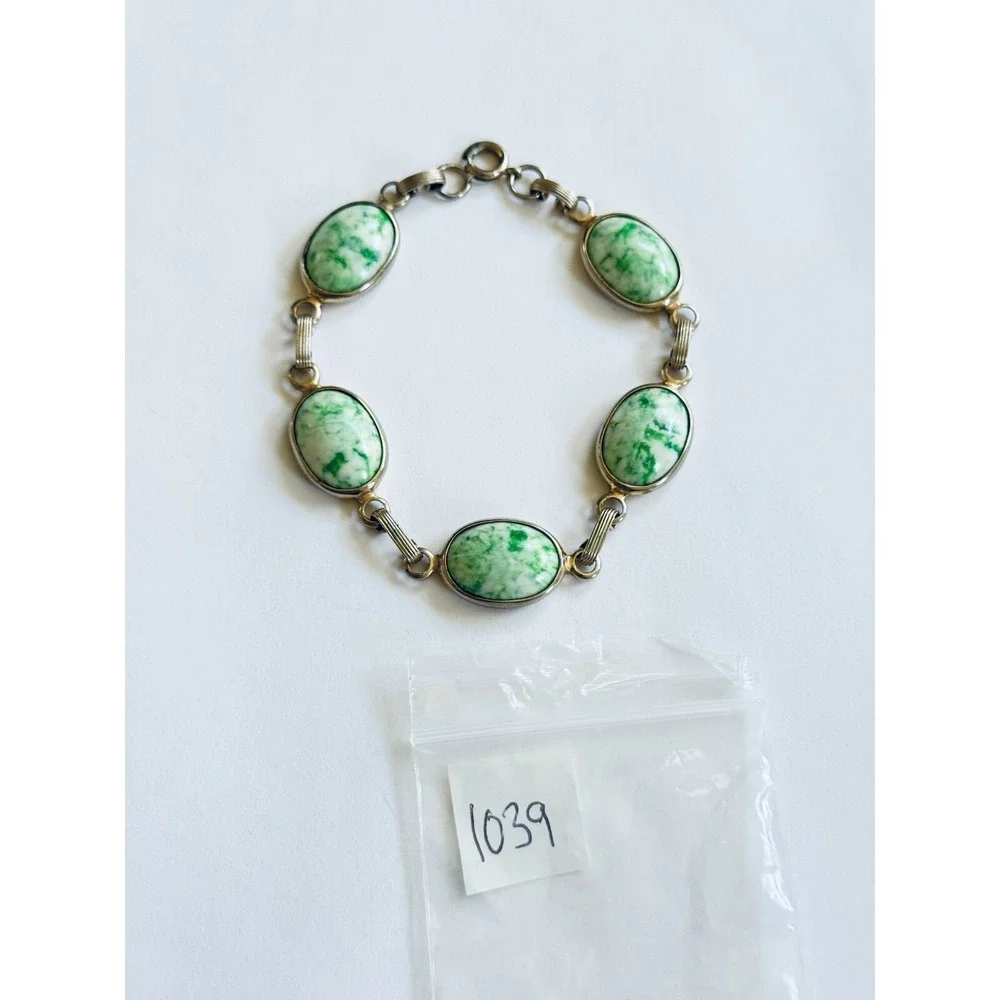 Bracelet VTG Regal Czech Green Glass Cabochon Link Silver Plated Rare Chunky 50s